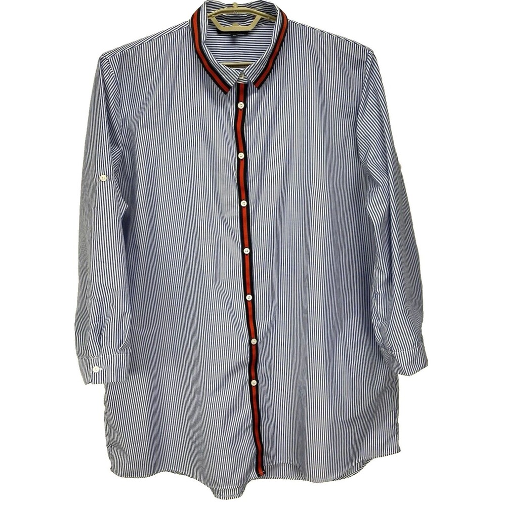 Ups and Downs Women's Tunic Size 3X Blue Stripped Button Front Roll Tab Sleeve